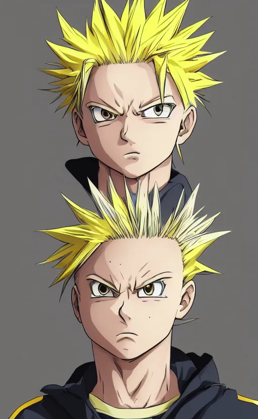 Image similar to a young boy with spikey yellow hair and lightning powers, portrait, white background, Illustrated by Kohei Horikoshi, high quality face, detailed eyes, big eyes, official media, 8k, anime, detailed, HD, trending on artstation, Illustrated by Akira Toriyama