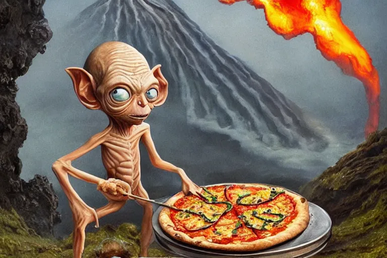 Prompt: a highly detailed gollum making pizza! using a blowtorch!, a volcano in the background is spewing black smoke, with streams of hot lava flowing, post - apocalyptic vibe, full body, wide angle, an ultrafine detailed painting by joe fenton, trending on deviantart, pop surrealism, whimsical, lowbrow, perfect symmetrical face, sharp focus, octane, masterpiece