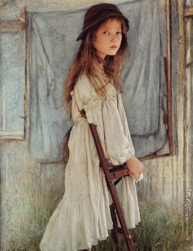 Image similar to peasant girl drawing on a easel, cottage core, cinematic focus, polaroid photo bleached vintage pastel colors high - key lighting, soft lights, foggy, by steve hanks, by lisa yuskavage, by serov valentin, by tarkovsky, detailed, oil on canvas