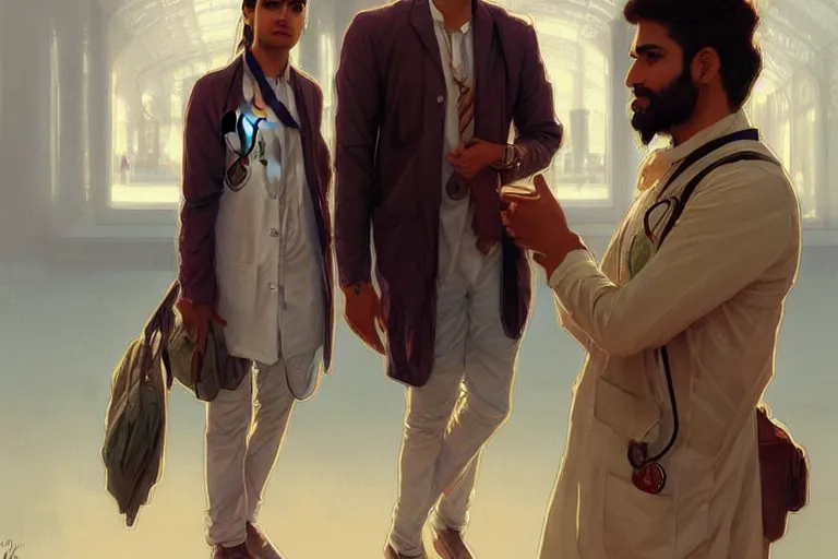 Prompt: Anxious good looking pale young Indian doctors wearing American clothes chatting at the airport, portrait, elegant, intricate, digital painting, artstation, concept art, smooth, sharp focus, illustration, art by artgerm and greg rutkowski and alphonse mucha