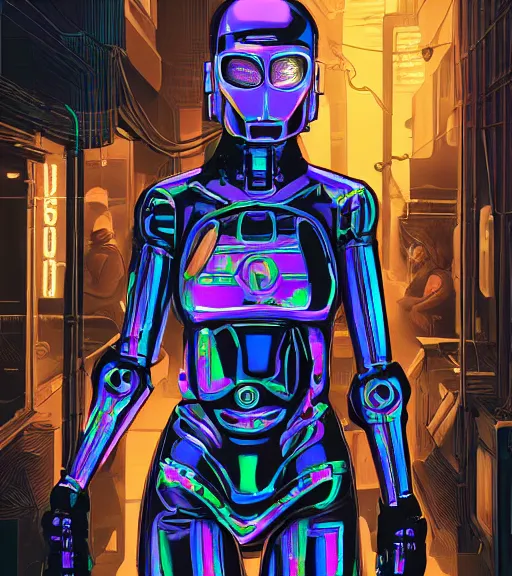 Image similar to robot woman with a hologram for a head, at a cyberpunk market, techwear, dead space, visible face, Industrial Scifi, detailed illustration, character portrait, by Martin Grip and Moebius