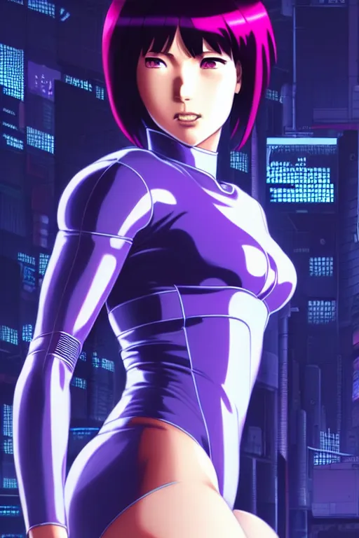 Image similar to a still fullbody portrait of motoko kusanagi ghost in the shell, finely detailed features, closeup at the faces, perfect art, at a cyberpunk city, gapmoe yandere grimdark, trending on pixiv fanbox, by ilya kuvshinov, rossdraws, artgerm