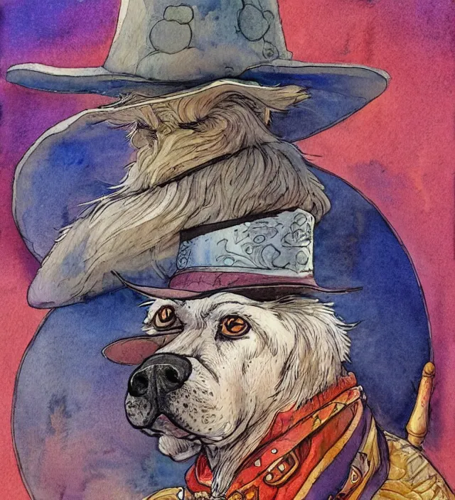 Image similar to a watercolor ink painting of an anthropomorphic dog wizard / sheriff in the style of jean giraud in the style of moebius trending on artstation deviantart pinterest detailed realistic hd 8 k high resolution