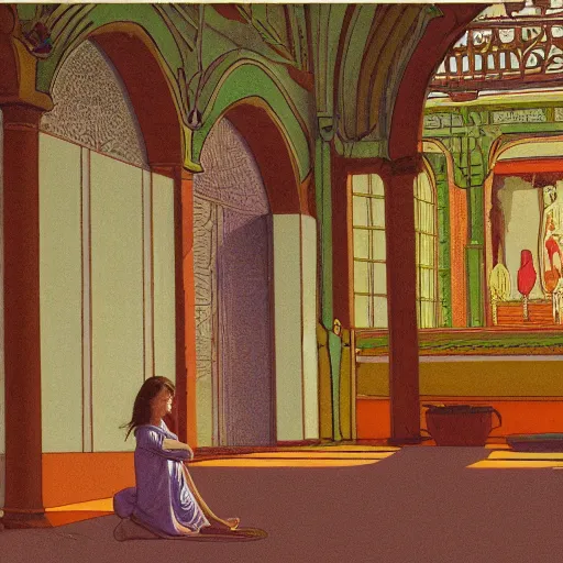 Image similar to a girl lost in a temple, film still by wes anderson, depicted by leon battista alberti, limited color palette, very intricate, art nouveau, highly detailed, lights by hopper, soft pastel colors, minimalist