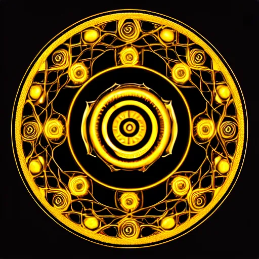 Image similar to intricate and detailed arcane symbol, circular, symmetrical, golden hues, black background, artstation, 4 k