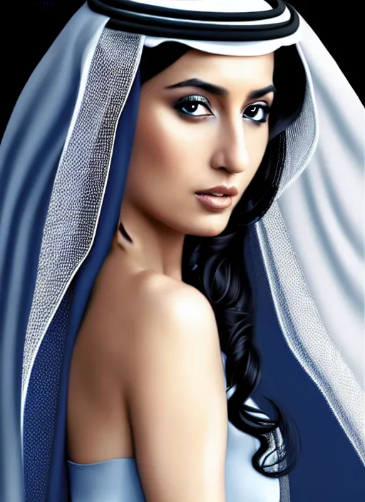 Image similar to arab ameera al taweel, blue eyes, long wavy black hair, white veil, in the style of stefan kostic, realistic, sharp focus, 8k high definition, insanely detailed, intricate, elegant, art by stanley lau and artgerm
