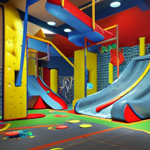 Prompt: an indoor play area with a slide and climbing wall, concept art by bourgeois, dribble, abstract expressionism, polycount, high definition, parallax