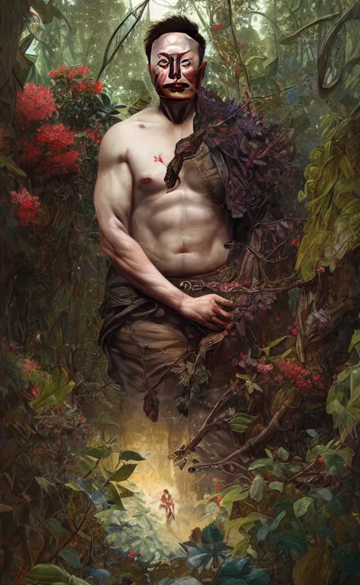 Prompt: elon musk god of the forest, 3 0 years old, rugged, male, gorgeous, detailed face, ottoman, amazing, thighs, flowers, muscular, intricate, highly detailed, digital painting, artstation, concept art, sharp focus, illustration, art by greg rutkowski and alphonse mucha