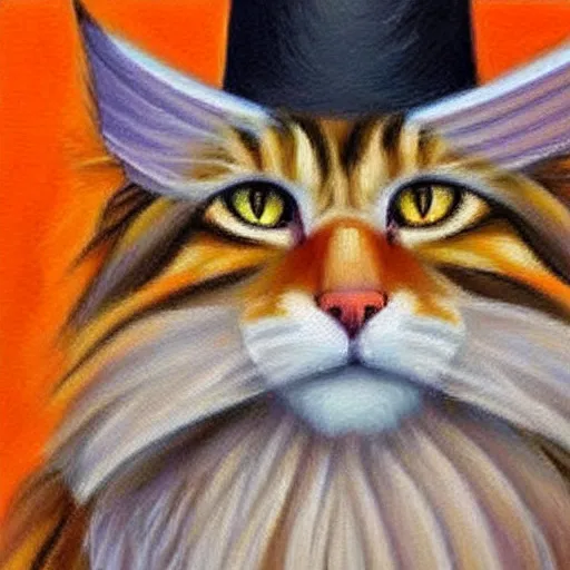 Image similar to Beatiful Oil painting of an orange Maine-coon with white beard, wearing sombrero