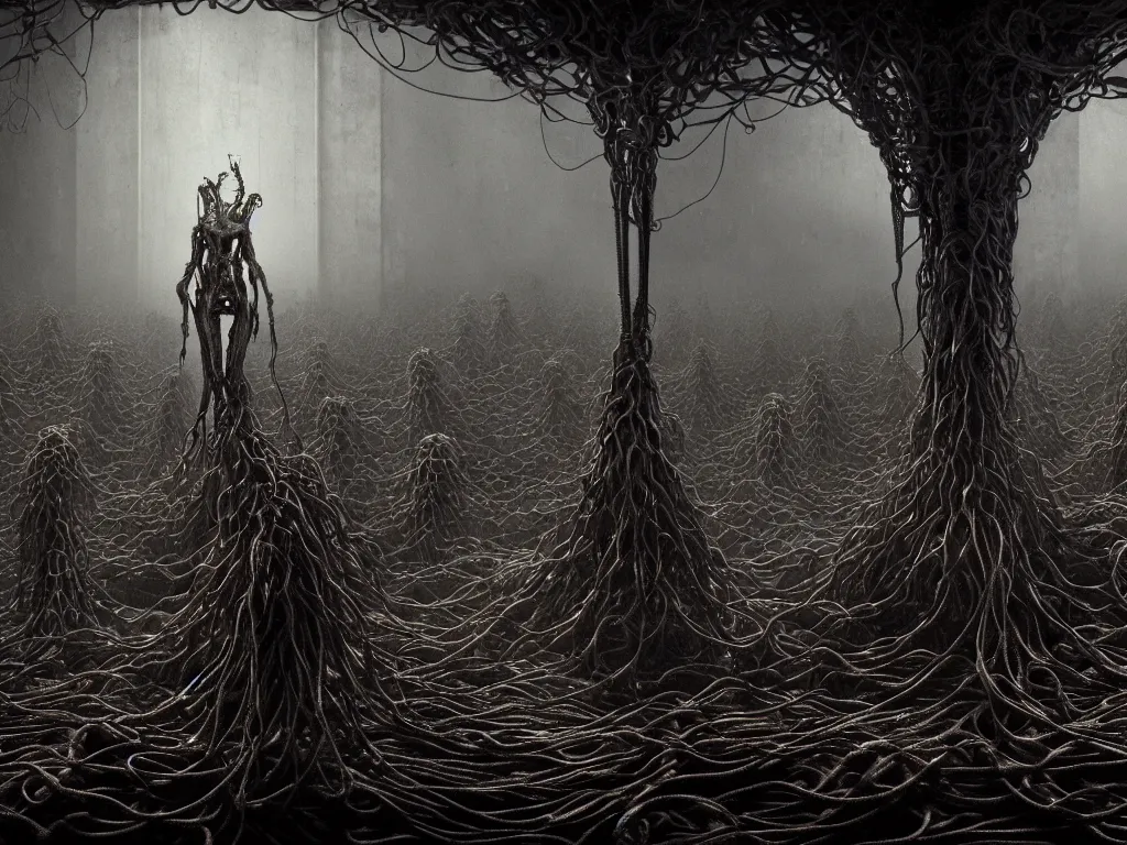 Prompt: portrait of abandoned ribbed organic satanistic ritual scene, crowd of people, covered with wires, spines, roots, ash, mold, baroque painting, standing in a desolate empty wasteland, creepy, nightmare, dream-like heavy atmosphere, dark fog, surreal abandoned buildings, baroque painting, beautiful detailed intricate insanely detailed octane render trending on Artstation, 8K artistic photography, photorealistic, volumetric cinematic light, chiaroscuro, zoomed out, fisheye, Raphael, Caravaggio, Beksinski, Giger