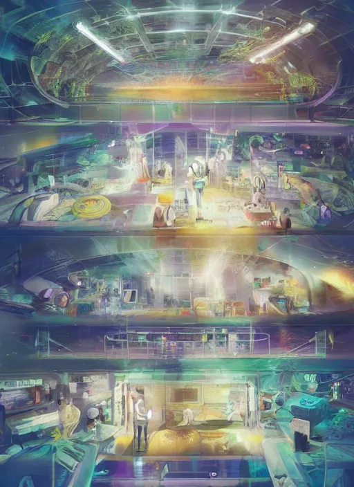 Image similar to high depth, collective civilization hospital!, teams, healing, energetic, life, hybrids, scifi, healing glowing lights, vitals, published concept art, art in the style of all and none and everything and infinity, nightime long exposure