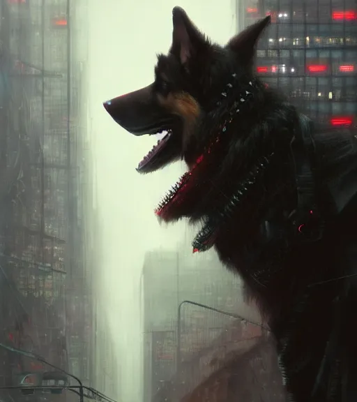 Image similar to new york city portrait of furry anthro anthropomorphic german shepard head animal person fursona wearing clothes strange cybernetic muzzle gloomy rainy cyberpunk digital art by Greg Rutkowski, Simon Stalenhag, christopher nolan trending on Artstation, CGSociety