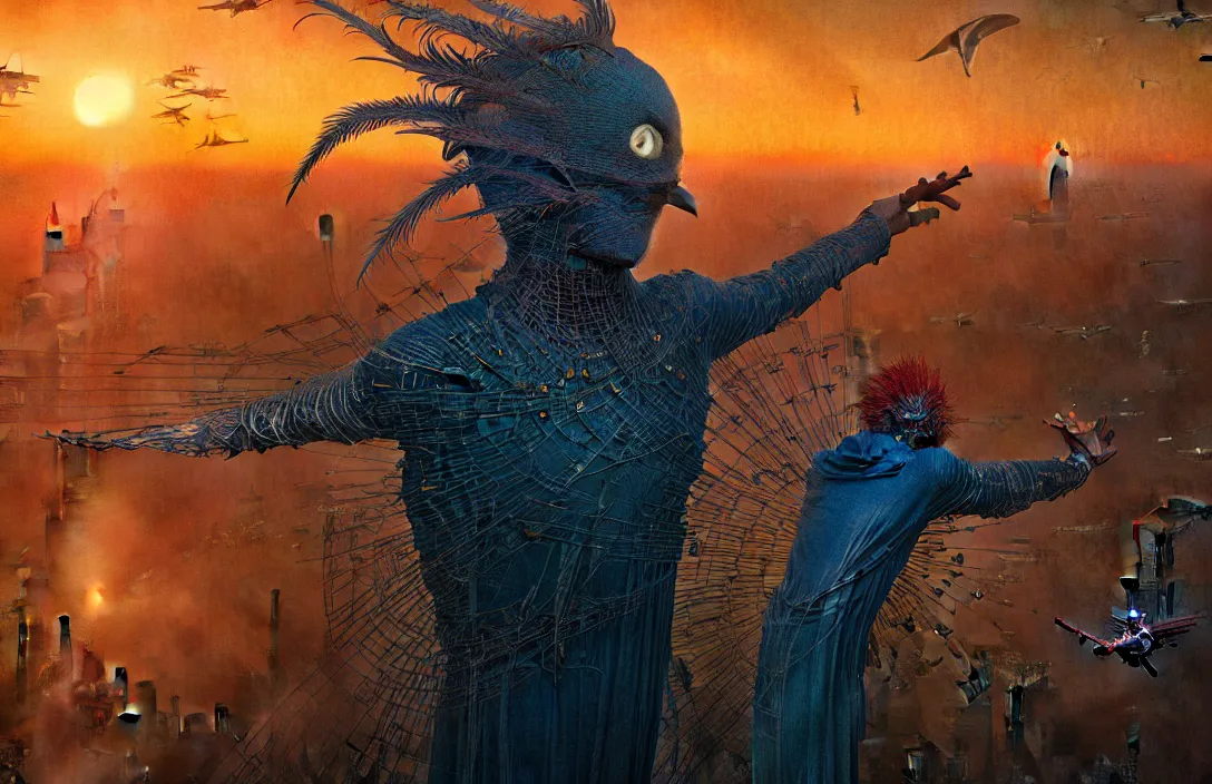 Image similar to realistic detailed portrait movie shot of a birdman flying in dark ragged robes, futuristic city sunset landscape background by denis villeneuve, amano, yves tanguy, alphonse mucha, ernst haeckel, max ernst, wayne barlowe, masterpiece, rich moody colours, bird head, blue eyes, hyperdetailed