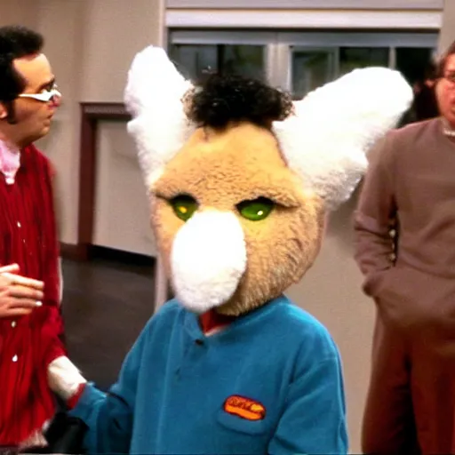 Image similar to That episode of Seinfeld where Kramer accidently ends up at a furry convention and stumbles into the headless lounge right into a very surprised George Costanza, making him drop his fursuit head.