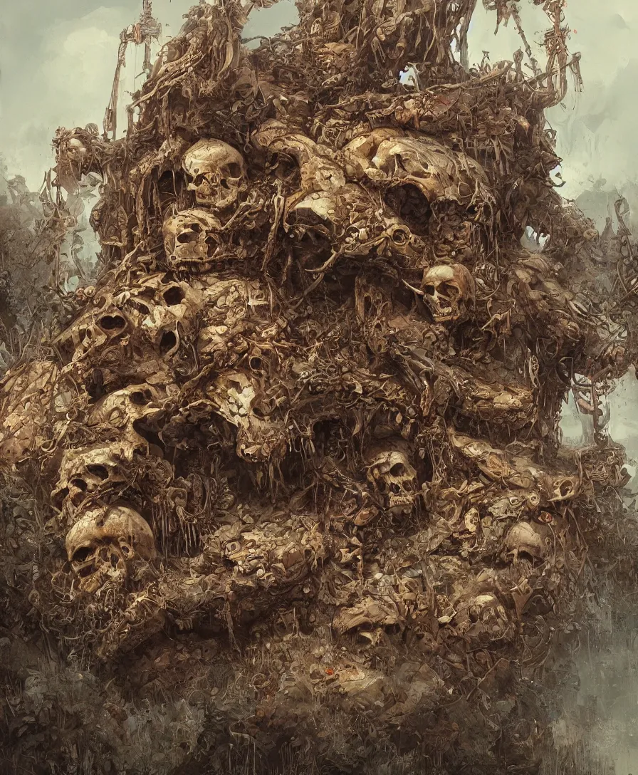 Prompt: close up skull and bones pile, illustrated by Simon Stålenhag and Gaston Bussiere, intricate, ultra detailed, photorealistic, trending on artstation