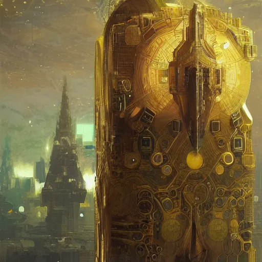 Image similar to hyper realistic golden quantum computer in the shape of a giant cube the size of a city , art by artery and Greg Rutkowski and alphonse mucha, sci-fi, fantasy, intricate, ornate, very very intimidating , highly detailed, digital painting, artstation, concept art, smooth, sharp focus, illustration