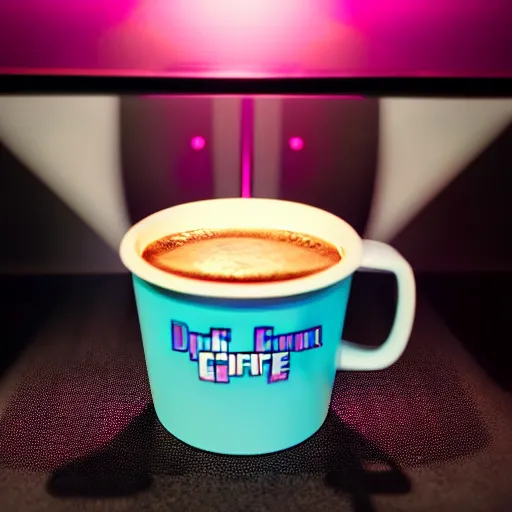 Image similar to synthwave coffee cup, dark studio lighting