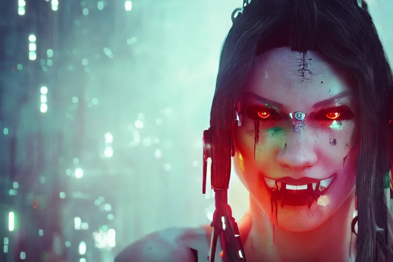 Prompt: Cyborg ​​girl transforming face fangs, syringes, forest, fog, volumetric light, cinematic, style by Cyberpunk 2077