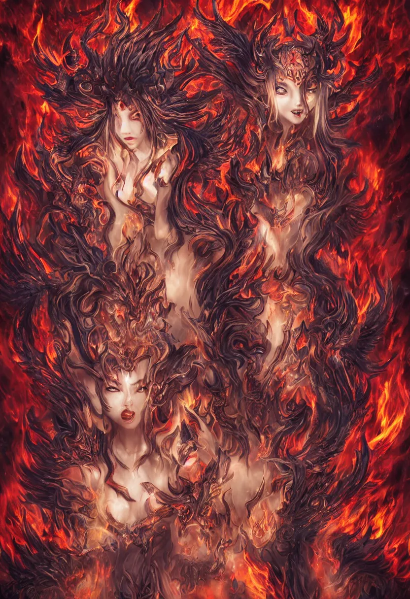 Image similar to stunning female demons surrounded in fire, korean, buddhist, naraka otherworldly rising from the blue fire, crystal amber eyes, wings, very detailed face, smile, monster teeth covered in red, dark and mysterious, full body, rococo, cinematic, epic, very detailed, full body, sun god, death god, hell