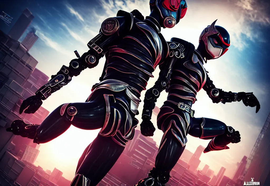 Image similar to large belted kamen rider dynamic pose, human structure concept art, human anatomy, full body hero, intricate detail, hyperrealistic art and illustration by a. k. a limha lekan a. k. a maxx soul and alexandre ferra, global illumination, blurry and sharp focus, on future tokyo night rooftop, frostbite engine