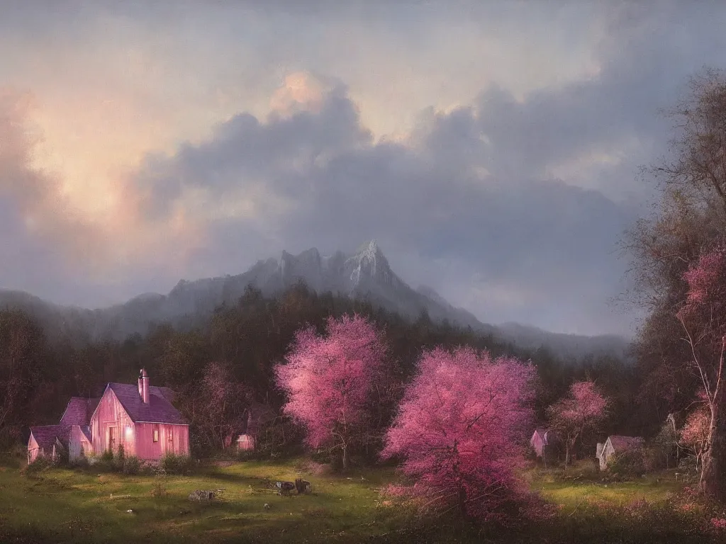 Image similar to a single witchhouse with lighted windows in a woodland, mysty mountain in the background, evening mood, pink clouds in the sky, by clive madgwick