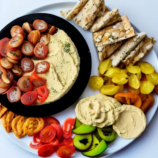 Prompt: a hummus plate with snacks, food photography