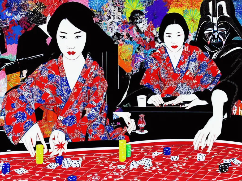 Image similar to hyperrealism composition of the detailed woman in a japanese kimono sitting at an extremely detailed poker table with darth vader, fireworks on the background, pop - art style, jacky tsai style, andy warhol style, acrylic on canvas