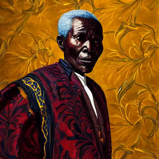 Prompt: a painting of a wise elder from Kenya in a suit by Kehinde Wiley . dramatic angle, ethereal lights, details, smooth, sharp focus, illustration, realistic, cinematic, artstation, award winning, rgb , unreal engine, octane render, cinematic light, macro, depth of field, blur, red light and clouds from the back, highly detailed epic cinematic concept art CG render made in Maya, Blender and Photoshop, octane render, excellent composition, dynamic dramatic cinematic lighting, aesthetic, very inspirational, arthouse.