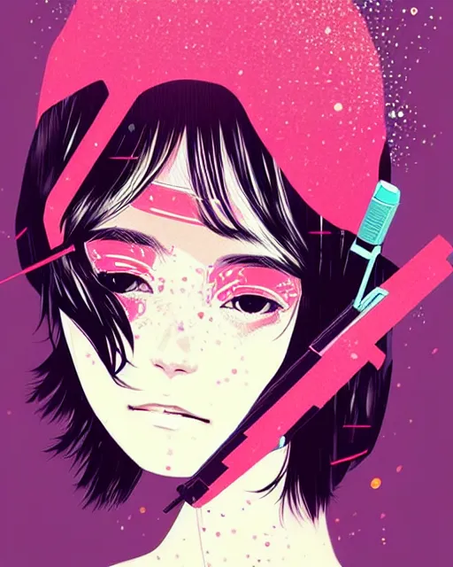 Image similar to girl holding flashbang, detailed manga illustration!! intricate details, beautiful perfect face, perfect body, aesthetically pleasing pastel colors, poster background, aesthetic details, art by conrad roset and ilya kuvshinov