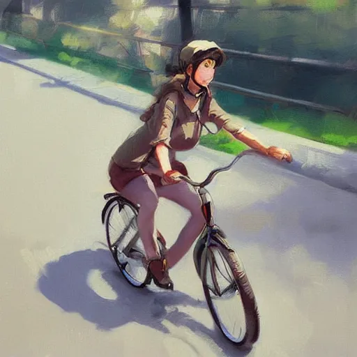 Prompt: Expressive painting of girl riding a bicycle, digital art by Krenz Cushart, trending on artstation