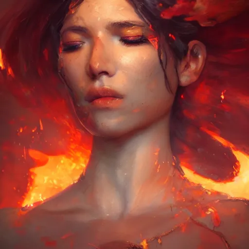 Image similar to a beautiful portrait of a fire goddess with closed eyes by greg rutkowski and raymond swanland, trending on artstation, flaming background, ultra realistic digital art