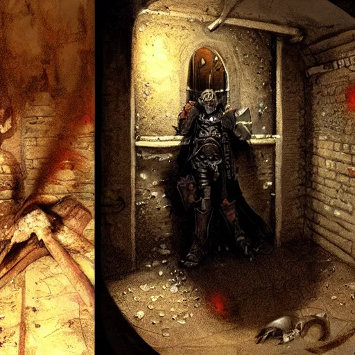 Prompt: a beautiful detailed concept art of a dead paladin in a catacomb jail. a rat on his side. dungeon. volumetric lighting. rutowsky, craig mullins.