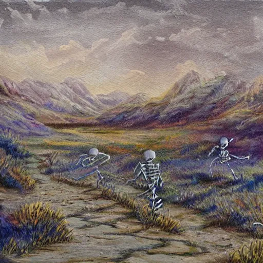 Image similar to alive skeleton painting a landscape with brushes