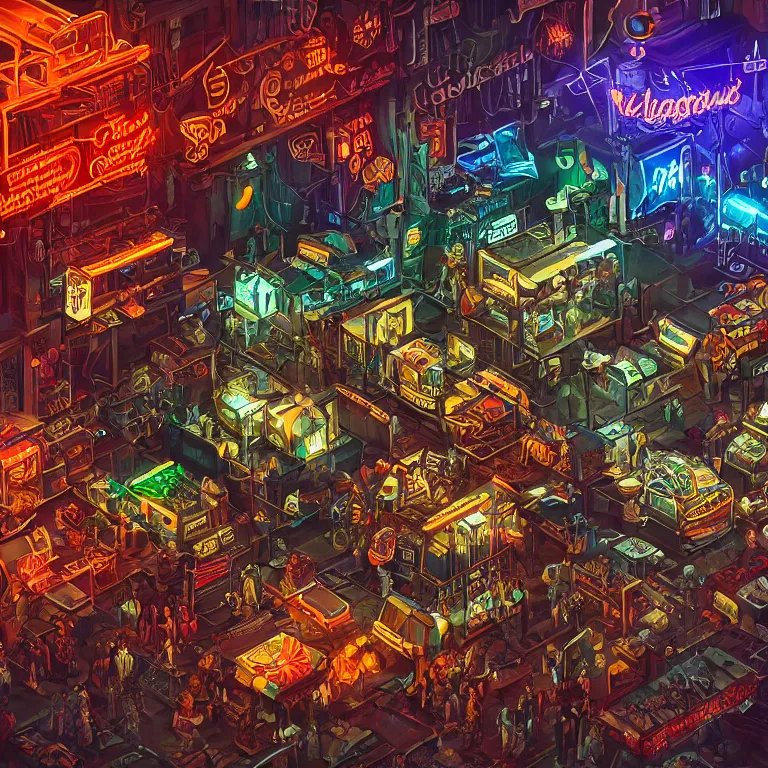 Prompt: fantastic lighting, pixel art, high detail, dieselpunk market, neon lights, 2 d