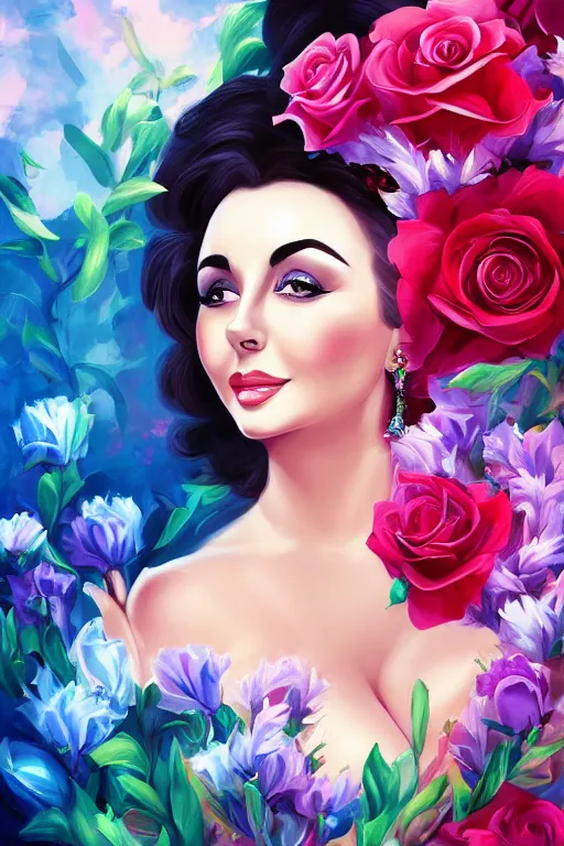 Prompt: beautiful digital painting elizabeth taylor and blue roses and rubies, by Georgia O\'Keeffe, Carmelo Blandino, Cyril Rolando, artstation, Behance, 4K,