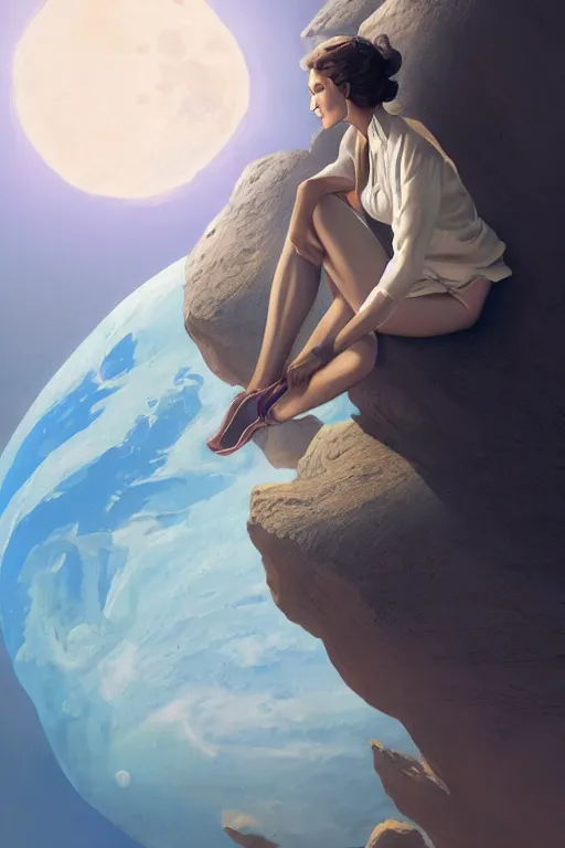 Prompt: Woman sitting on the moon with a view of the earth in the background, elegant, digital painting, highly detailed, artstation, concept art, smooth, sharp focus, illustration, art by artgerm and greg rutkowski.