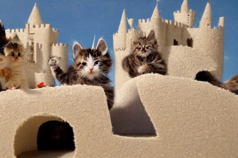 Prompt: kittens and a castle made of sand
