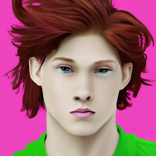 Prompt: digital art of a stylish young man with red hair and green cat - like eyes, popular, famous, attractive, high quality, highly detailed, hd, 4 k, 8 k,