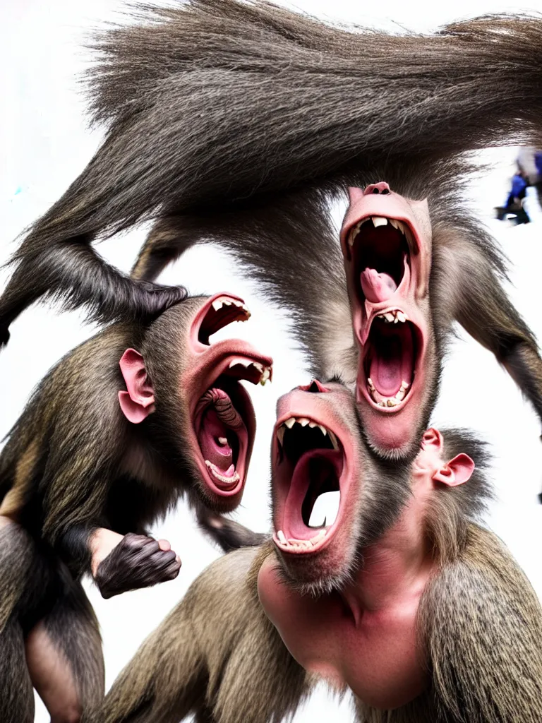 Prompt: a formal portrait photograph of a screaming man transforming into a baboon and horse simultaneously