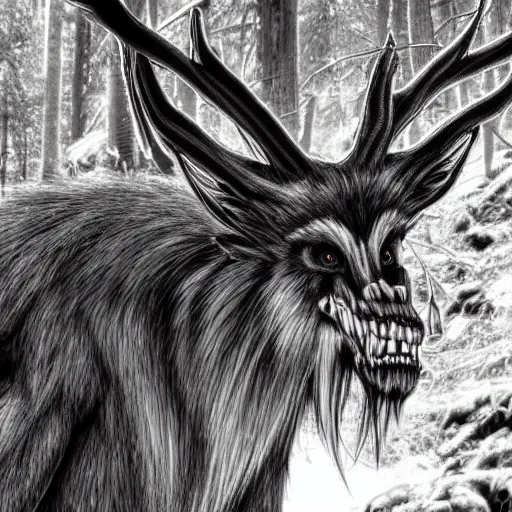 Image similar to trail cam footage of a wendigo, horror, hyper realistic, photorealistic, highly detailed