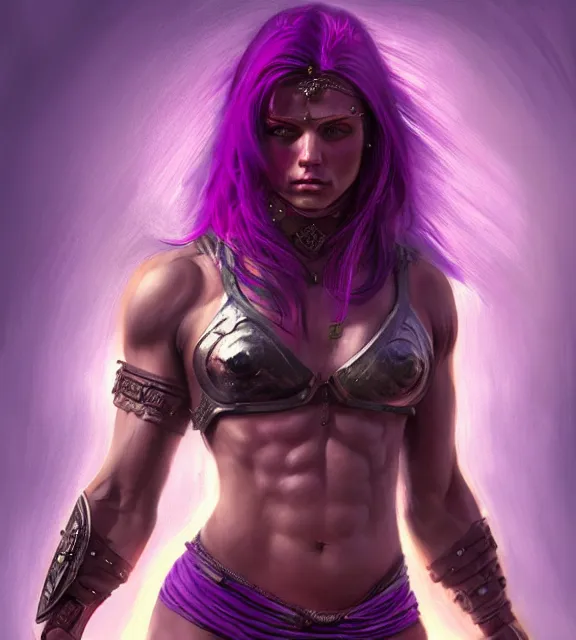 Image similar to muscular female warrior holding hilt of dagger, perfect face, diadem, neon tattoos, black halter top, purple hair, abs, cinematic, blush, stunning, athletic, strong, agile, highly detailed, psychedelic, digital painting, artstation, smooth, hard focus, illustration, art by jessica rossier and and brian froud