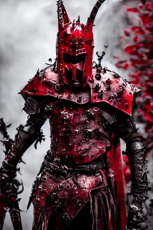 Image similar to the grim - knight wears the scarlet armor and blood crown, cinematic lighting, various refining methods, micro macro autofocus, ultra definition, award winning photo