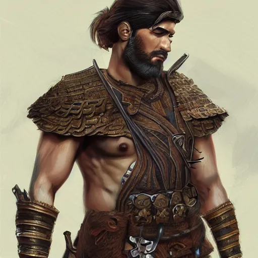 Image similar to kurdish male warrior, highly detailed, digital painting, artstation, concept art, sharp focus, illustration, incredibly strong and handsome