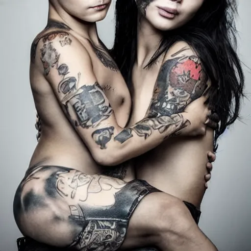 Image similar to Hot young woman, grey skin, tattoos, wearing leather and cuddling her little brother concept art