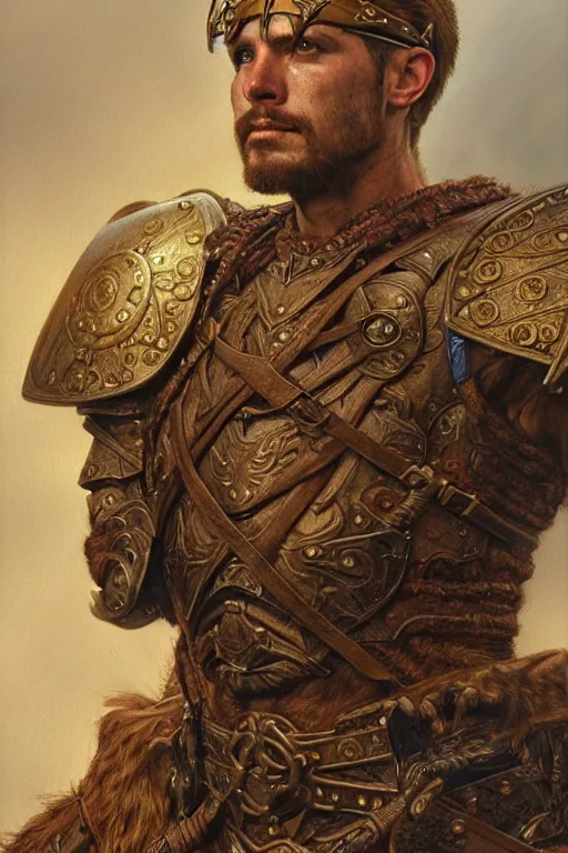Image similar to head and shoulders portrait of a warrior, male, breastplate, magical, high fantasy, d & d, by donato giancola, face details, extremely detailed, digital illustration