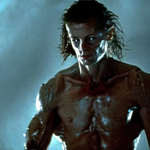 Image similar to tall muscular soldier with rock - like skin texture, still from the movie aliens, fog, dramatic lighting