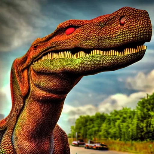 Image similar to dinosaur smoking a cigarette in their mouth realistic hdr professional shot