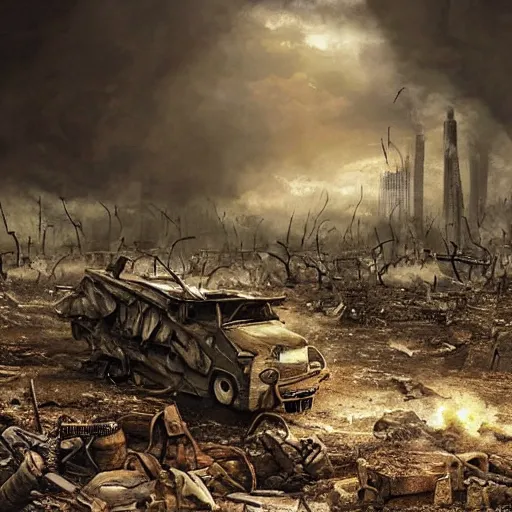 Image similar to hyper realism, realistic apocalyptic war scene