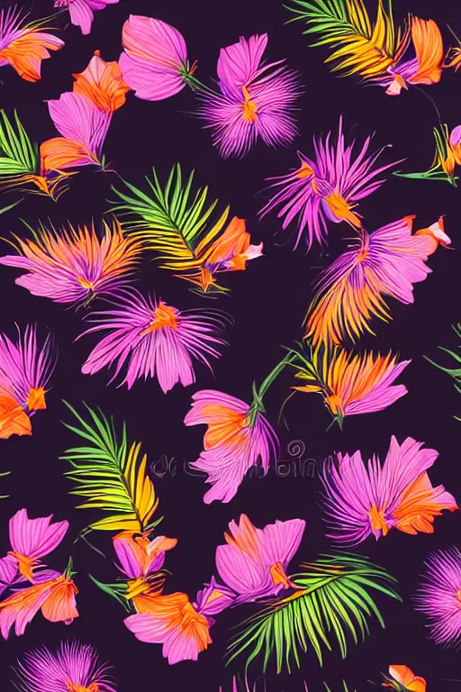 Image similar to sombre detailed vector illustration of photorealistic tropical flowers and green reeds, multiple cohesive colors ranging from warms purples to bright oranges on a ((very dark black background)), 4K resolution, trending on artstation, hd wallpaper