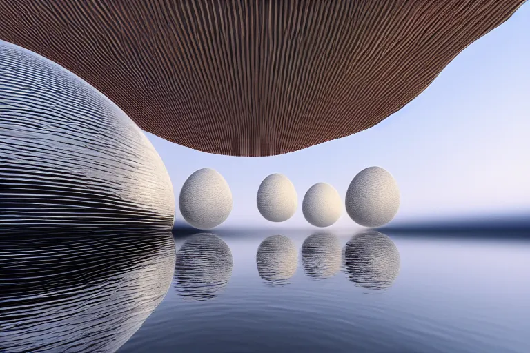 Image similar to many white spherical egg shaped spaces arranged up and down formation a cell building, by pierre bernard, on the calm lake, people's perspective, future, interior wood, marble, award winning, highly detailed 4 k art, dusk, unreal engine highly rendered, global illumination, radial light, internal environment